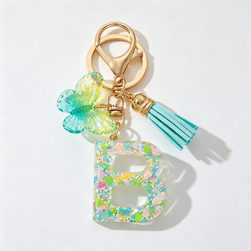26 Letters Resin Butterfly Charm Keychains