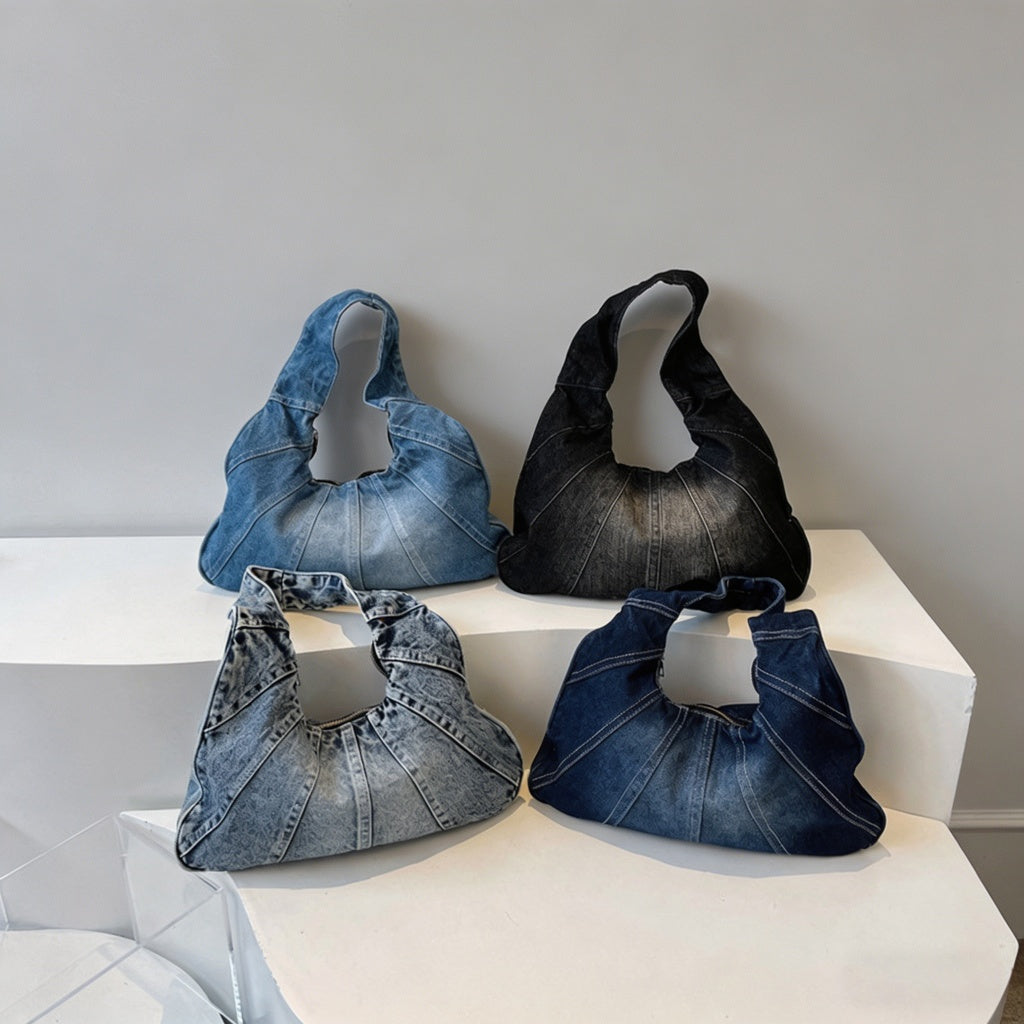 Washed Denim Ruched Hobo Tote Bag