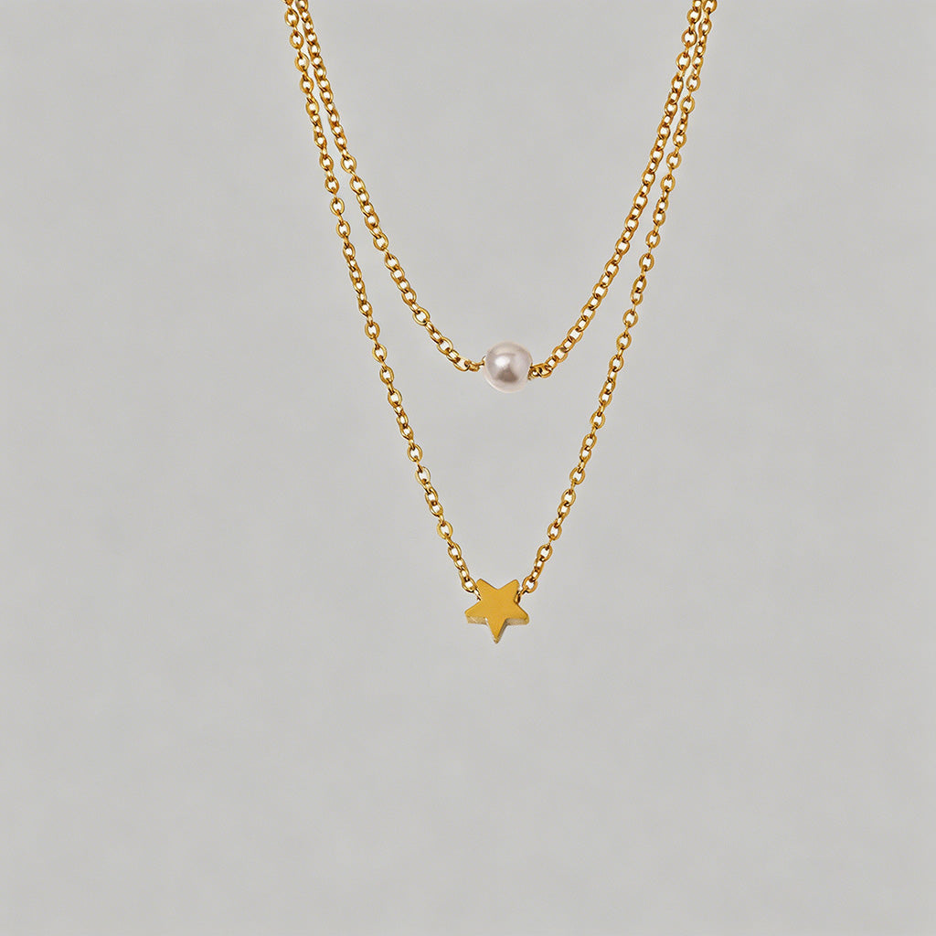 Double Layer Star & Pearl Pend - Shopdayla Wholesale - #5138