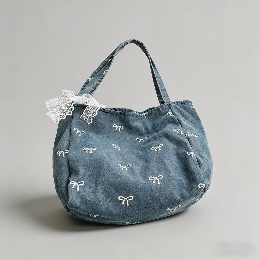 Denim Bow Print Tote Bag - Shopdayla Wholesale - #7330