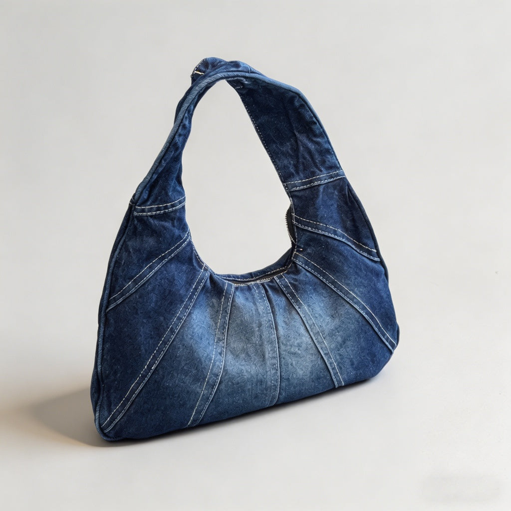 Washed Denim Ruched Hobo Tote Bag