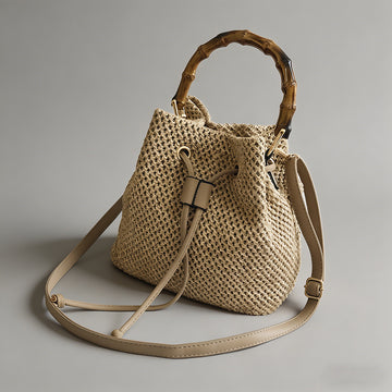 Bamboo Handle Straw Bucket Crossbody Bag