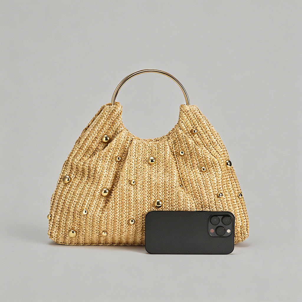 Vintage Studded Straw Hobo Bag