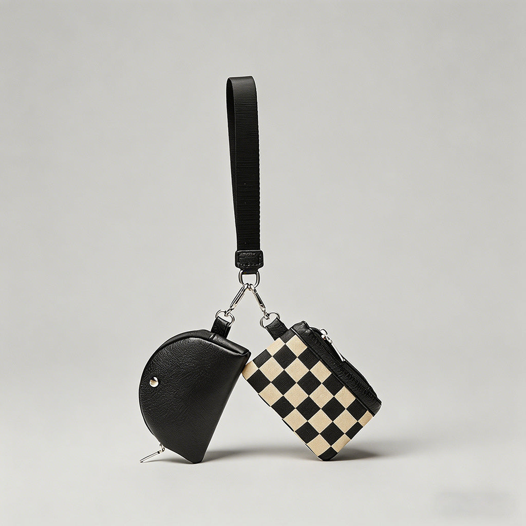Checkered & Leather Wristlet Bag Set