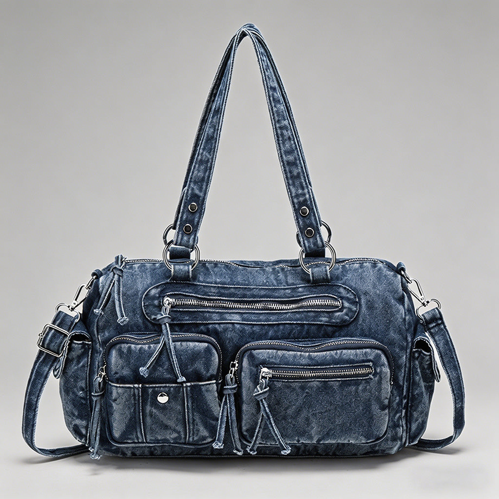 Vintage Washed Denim Multi-pocket Tote Bag