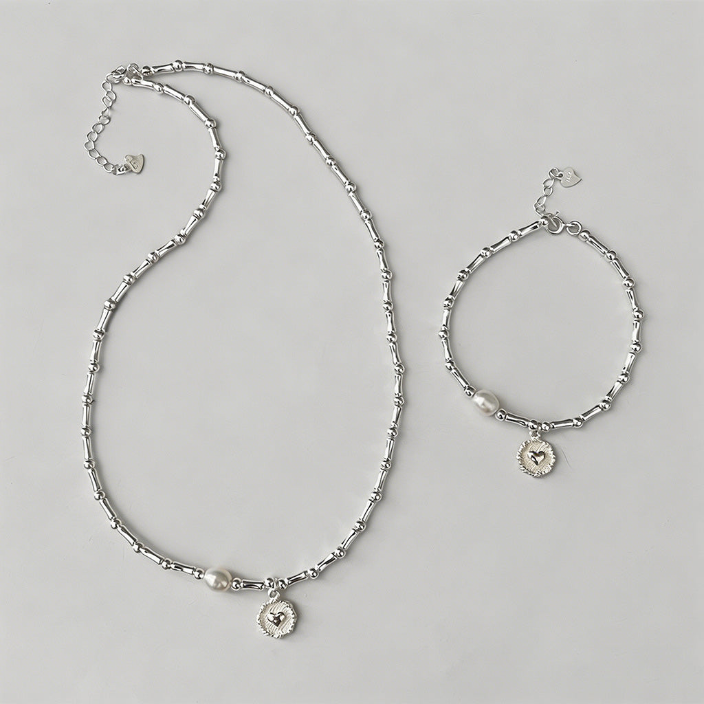 Silver Bead & Pearl Heart Char - Shopdayla Wholesale - #0146