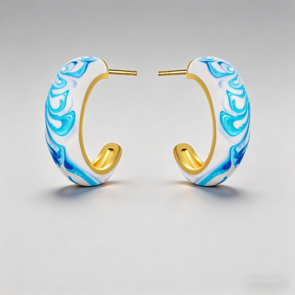 Blue Marbled Enamel 18K Gold P - Shopdayla Wholesale - #4642