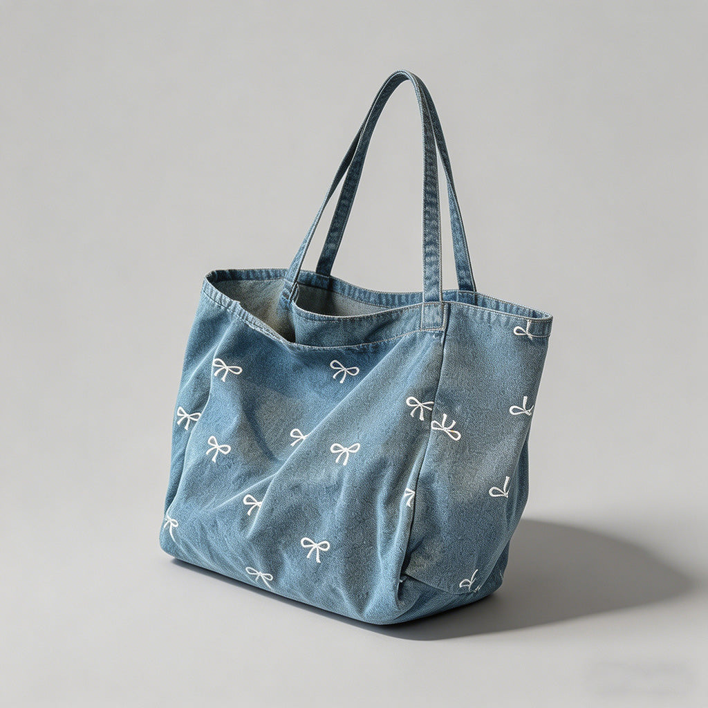 Denim Bow Print Tote Bag - Shopdayla Wholesale - #2866