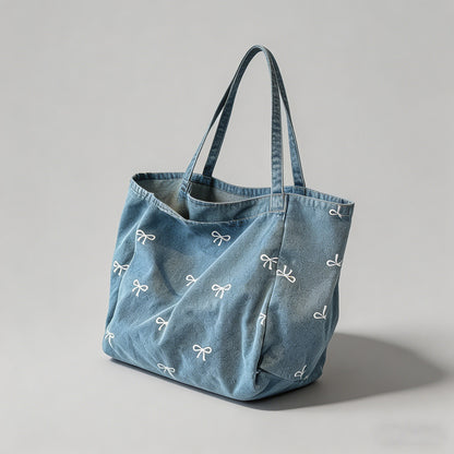 Denim Bow Print Tote Bag - Shopdayla Wholesale - #2866