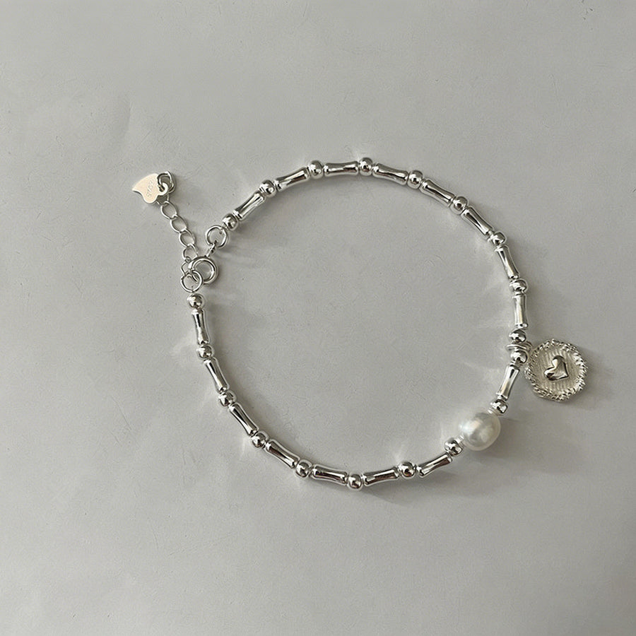 Silver Bead & Pearl Heart Char - Shopdayla Wholesale - #1778