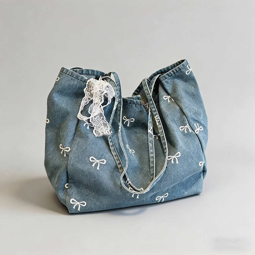 Denim Bow Print Tote Bag - Shopdayla Wholesale - #0098
