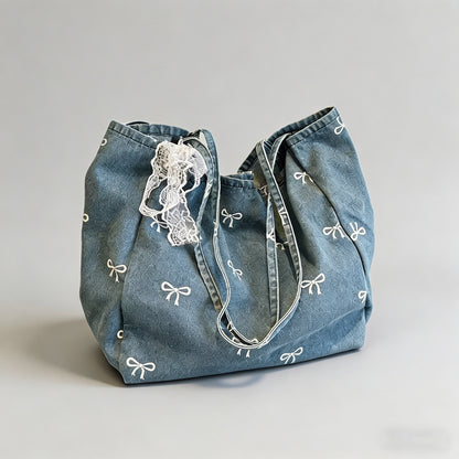 Denim Bow Print Tote Bag - Shopdayla Wholesale - #0098