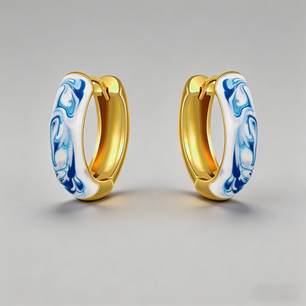 Blue Marbled Enamel 18K Gold P - Shopdayla Wholesale - #9106