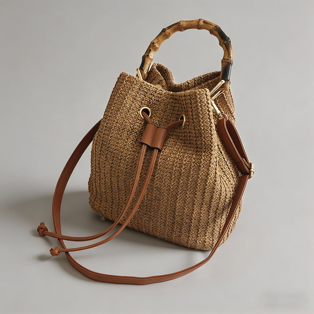 Bamboo Handle Straw Bucket Crossbody Bag