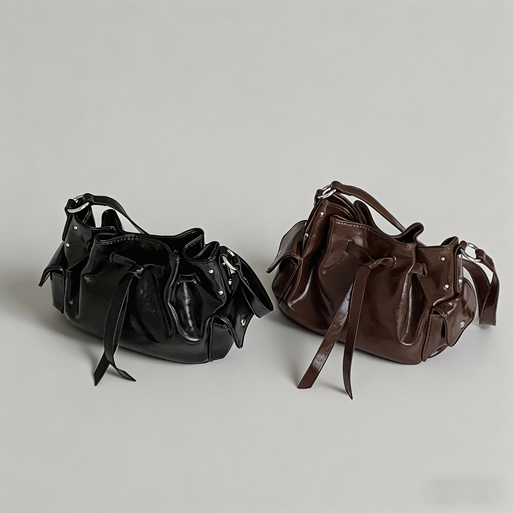 Waxed Faux Leather Ruched Drawstring Bucket Hobo Shoulder Bag