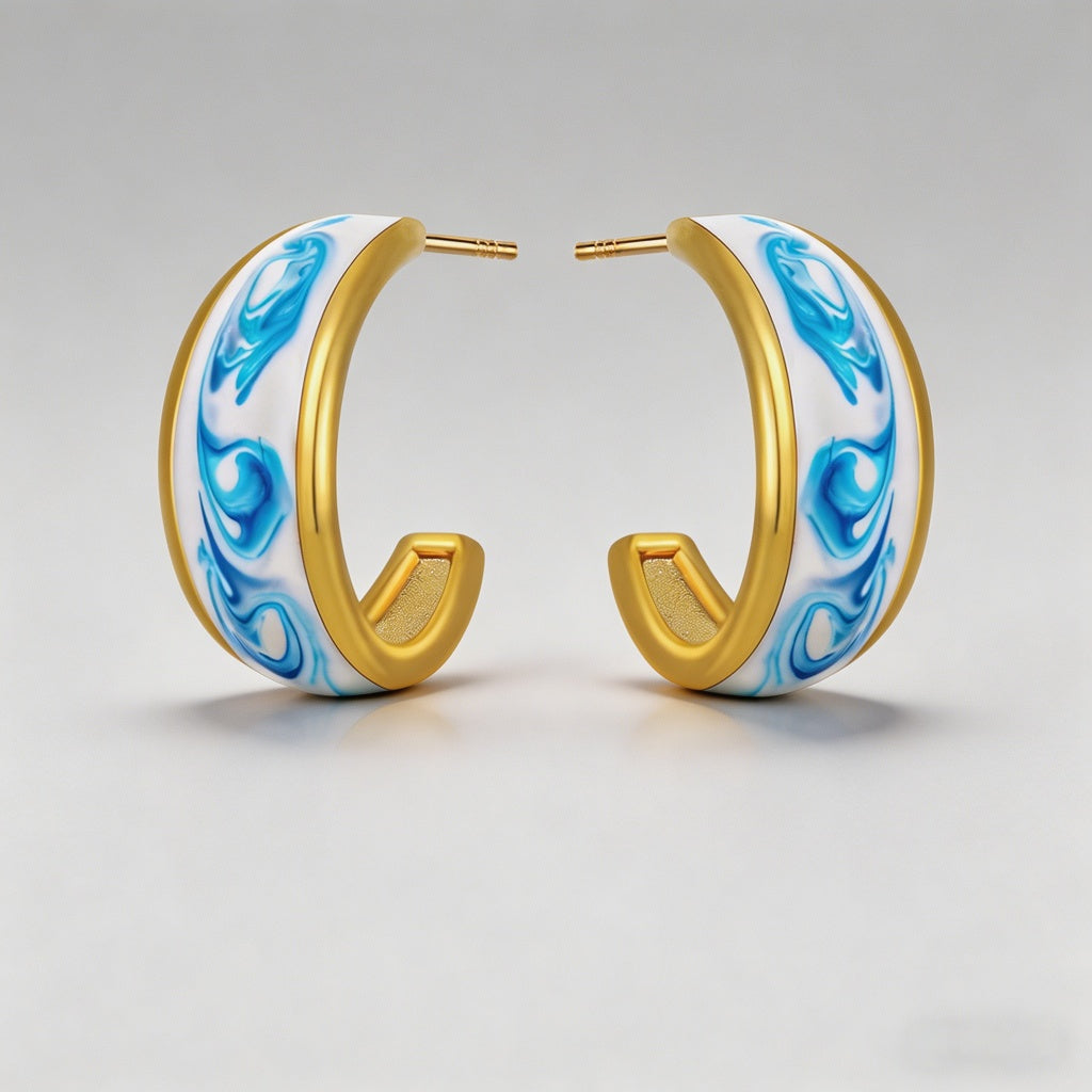 Blue Marbled Enamel 18K Gold P - Shopdayla Wholesale - #1874
