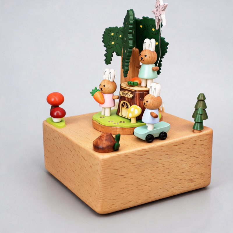 Adorable Rabbit Wooden Rotating Music Box