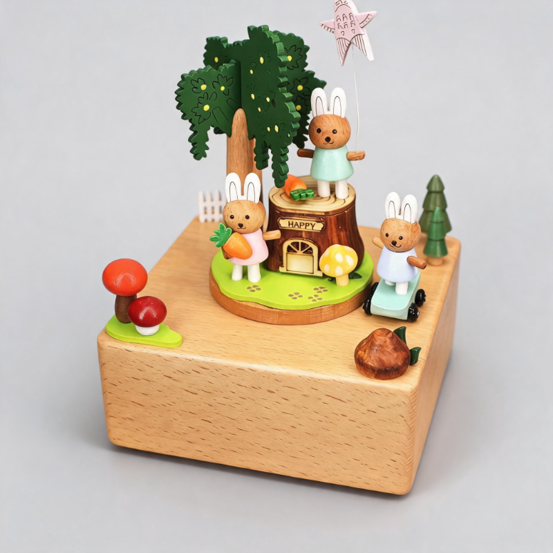 Adorable Rabbit Wooden Rotating Music Box