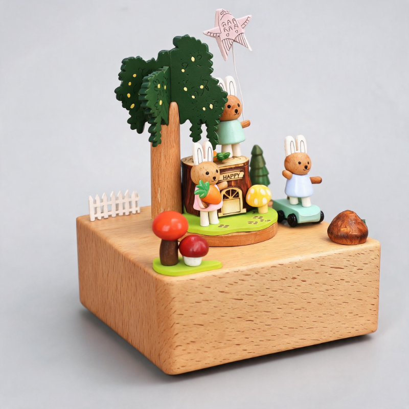 Adorable Rabbit Wooden Rotating Music Box