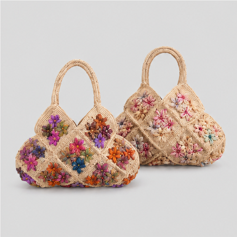 Floral Patchwork Crochet Handle Bag